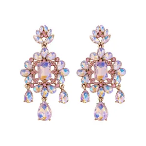 Elegant floral drop earrings with iridescent crystals and teardrop pendants for stylish women