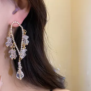 Dettaglio di orecchini a nappina in argento con strass molto scintillanti sul modello