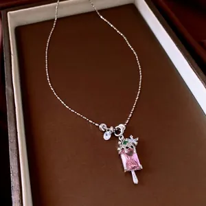 Collier pendentif glace à l'eau en zircon élégant avec pierre rose en boîte cadeau