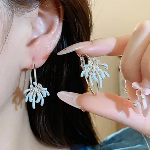 Elegant light blue flower hoop earrings with zircon accents and silver needle for women