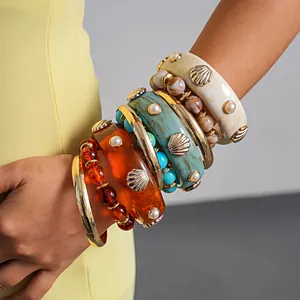Vintage Bohemian Resin Shell Bangle Geometric Marble Pattern Artificial Pearl Embellished Gold Alloy Bracelet Jewelry For Women