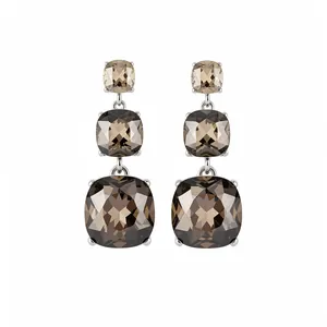 Elegant triple-tier smoky brown cushion cut crystal drop earrings in a silver setting.