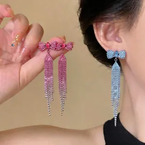 Bowknot Tassel Stud Earrings For Women Copper Rhinestone Inlaid 925 Sterling Silver Earring Post Light Luxury Sweet Fashion Jewelry