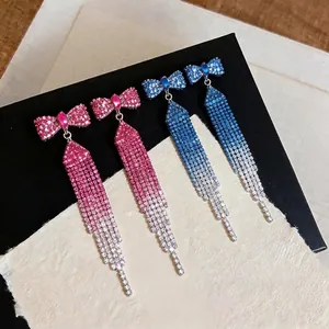 Elegant sparkling rhinestone bowknot tassel drop earrings for women stylish jewelry gift