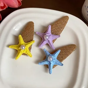 Bohemian starfish hair clips with pearls for beach vacations, colorful set of three