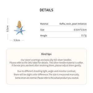 Technical details of the bohemian starfish pearl hair clip featuring raffia and resin