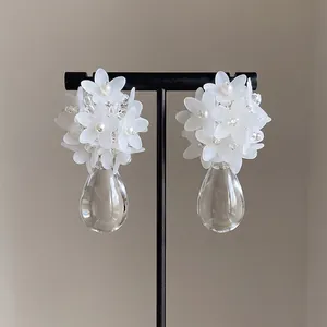 Elegant white flower cluster earrings with clear water drop pendants, French style jewelry