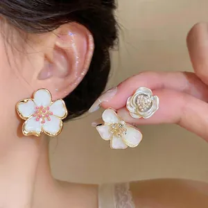 French Flower Stud Earrings 925 Sterling Silver Earring Post Alloy Enamel Floral Rhinestone Artificial Pearl Women Jewelry