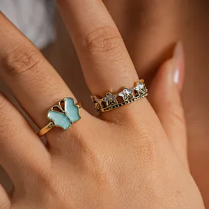 Vintage Alloy Rhinestone Butterfly Star Open Ring Set Retro Metallic Adjustable Finger Rings For Women Jewelry