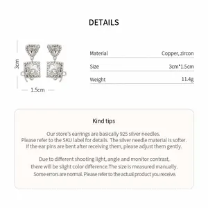 Detailed specifications of silver needle earrings with heart, square and bow zircon design.