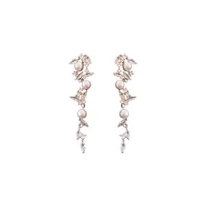 Eleganti orecchini pendenti con perle e zirconi a forma di spiga di grano, lusso chic