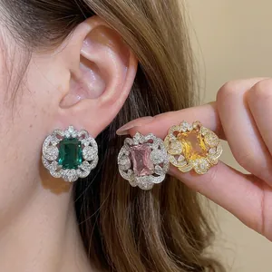Luxury square zircon earrings with sparkling floral lace border for banquet wear.