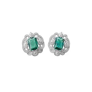 Luxury silver-colored stud earrings with square emerald-green zircon and lace frame