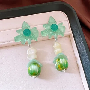 Handmade sweet summer green flower pendant earrings with textured resin beads for beach vacation