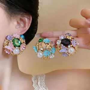 Vintage Court Style Drip Oil Artificial Pearl Butterfly Flower Stud Earrings Alloy Rhinestone Jewelry With 925 Silver Post