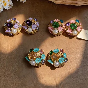 Vintage enamel pearl butterfly flower stud earrings in royal court style