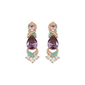 Elegant vintage gold-plated earrings with purple teardrop zircon and teal enamel accents