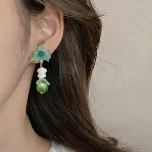 Sweet green flower drop earrings with white beads for summer beach vacation style