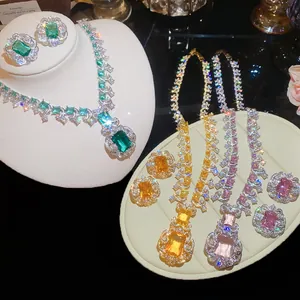 Detailed view of luxury zircon jewelry set featuring vibrant square-cut gemstones