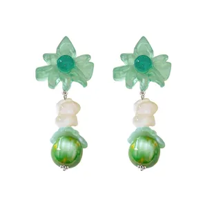 Summer sweet green resin flower pendant earrings with marbled drop beads for vacation