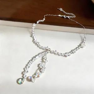 Fresh crystal beaded necklace with iridescent teardrop pendant for women