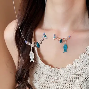Summer Fresh Resin Beaded Fish Pendant Necklace For Women Fashion Sweet Transparent Invisible Chain Choker Daily Vacation Jewelry Accessory