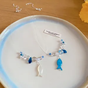 Fresh summer resin beaded fish necklace with transparent chain and blue crystal charms