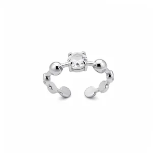Elegant minimalist silver open ring featuring round clear zircon and polished geometric bead band