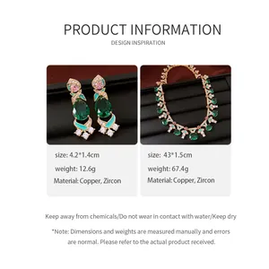 Detailed specifications for vintage green zircon earrings and necklace set in copper