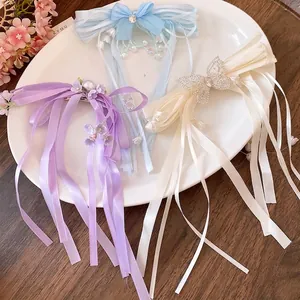 Rhinestone Ribbon Bow Tassel Hair Clip Sweet Fresh Alligator Clip Elegant Fringe Hair Accessory For Women Jewelry Gift