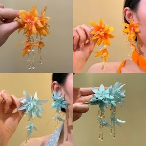 Bohemian Large Fabric Flower Tassel Earrings With Artificial Pearl For Women Fairy Style Seaside Vacation Drop Earrings Jewelry