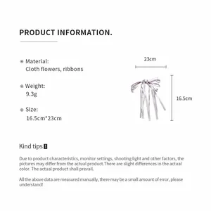 Detailed product dimensions and material specifications for ribbon bow hair clip
