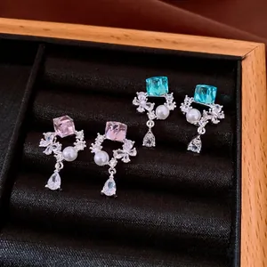 Luxury Steel Zirconia Artificial Pearl Stud Earrings For Women Elegant Silver Post Water Drop Geometric Jewelry Gift