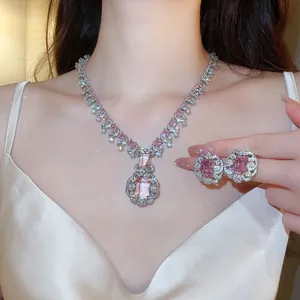 Luxury pink square zircon necklace and earring jewelry set for elegant banquet attire