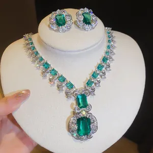 Luxury emerald green square zircon necklace and earrings set for high-end banquet events