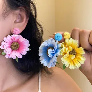 Handmade Fabric Flower Raffia Drop Earrings With 925 Sterling Silver Post Rhinestone Vacation Style Floral Jewelry For Women
