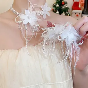 Elegant White Feather Fabric Flower Artificial Pearl Necklace And Earrings With 925 Sterling Silver Post For Women Wedding Party Jewelry