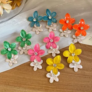 Enamel Drip Oil Flower Drop Earrings With Steel Post Rhinestone Inlaid Sweet Floral Stud Earrings For Women Jewelry Gift