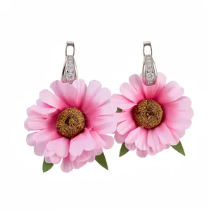 Elegant pink fabric flower drop earrings with silver needles and crystal accents