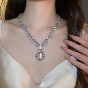 Elegant luxury pink zircon square lace pendant necklace shown on a female model for parties