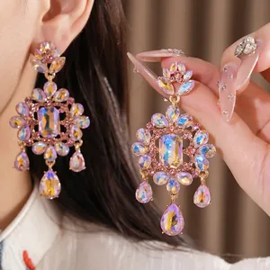 Exquisite vintage palace-style floral drop earrings with AB crystals and silver needles