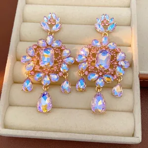 Elegant vintage court style earrings with iridescent crystals and waterdrop pendants