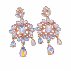 Elegant vintage court style flower earrings with square and teardrop iridescent stones
