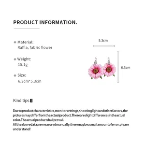 Detailed product information view of pink raffia fabric flower drop earrings with dimensions