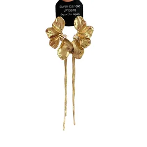 Elegant gold flower tassel stud earrings with S925 silver finish for women fashion