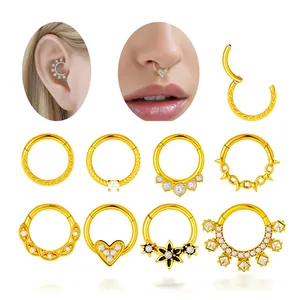 Stainless Steel Hinged Segment Ring For Nose Ear Piercing Heart Flower Spikes Rhinestone Inlaid Fashion Jewelry