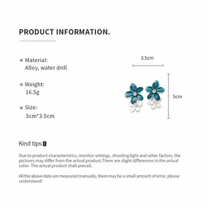Detailed product info for floral drop earrings with rhinestones and enamel finish