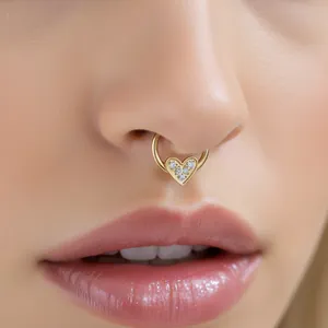 Elegant heart-shaped stainless steel nose ring with sparkling white stones piercing