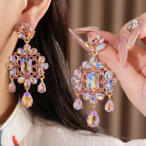 Exquisite iridescent crystal flower drop earrings with vintage palace style for women