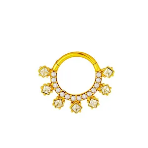 Elegant gold stainless steel hinged segment ring with square yellow zircon for piercing